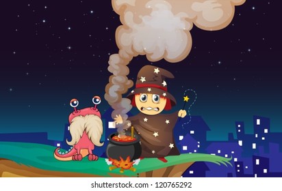 illustration of a wizard and a monster in a dark night