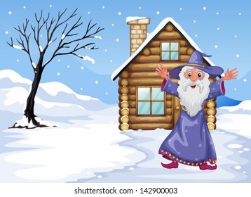 Illustration of a wizard outside the house on a snowy season