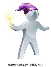 An illustration of a wizard person holding a wand and wearing a purple hat with stars
