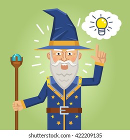 Illustration of a wizard pointing up to an idea light bulb. Emoticon, emoji, facial expression. Fantasy magician, warlock, sorcerer. Flat style vector illustration