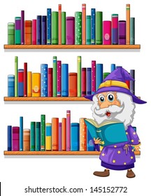 Illustration of a wizard reading a book in front of the bookshelves on a white background