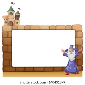 Illustration of a wizard standing in front of an empty blank board on a white background