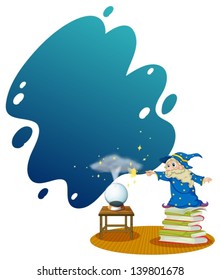Illustration eines Zauberers oben auf den gepökelten Büchern auf weißem Hintergrund