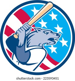 Illustration of a wolf baseball player with bat looking to the side set inside circle with usa stars and stripes  in the background done in retro style. 