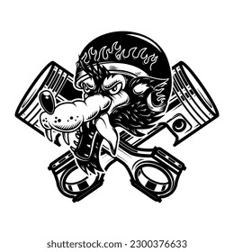 Illustration of the wolf biker with crossed pistons. Design element for logo, label, sign, emblem. Vector illustration