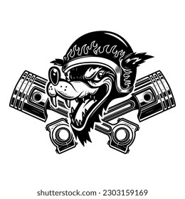 Illustration of the wolf biker with crossed pistons. Design element for logo, label, sign, emblem. Vector illustration