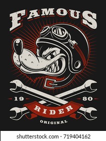 illustration with wolf biker on dark background. All elements, text is on the separate layer. (COLOR VERSION)