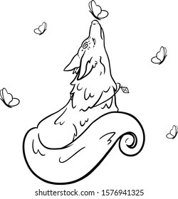Illustration of a wolf for coloring or a children's book. Page with an animal for a children's fairy tale. Wolf in the meadow among butterflies
