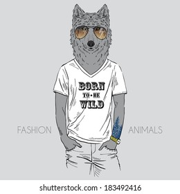 Illustration of wolf dressed up in t-shirt with quote