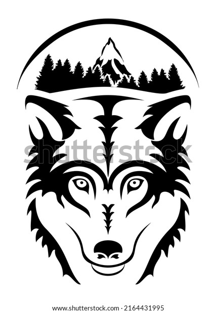 An illustration of a wolf and a forest with a halo\
of the moon in the background. Image for printing. Wall sticker.\
Stencil for cutting and drawing an image on the surface. Editable\
vector, color repl