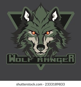 Illustration of wolf, good for Esport,gaming, or mascot logo , a dark background, in the style of flat colors, rangercore,simplistic cartoon,simplified colors