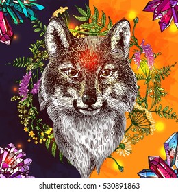 Illustration with wolf. Hand drawn vector background with wildflowers and crystal. Boho style drawing. Us for print for t-shirt; smart phone; poster; web.
