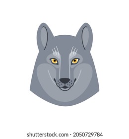 Illustration of wolf head, cute kind character. Vector print in cartoon style.