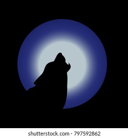 Illustration, wolf head, howls to the moon, silhouette at night, vector