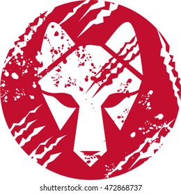 Illustration of a wolf head set inside circle done in retro style. 