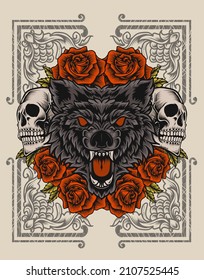 illustration wolf head with skull and rose flower