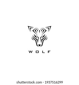 Illustration of wolf head in striped style for logo or tattoo. Premium vector.