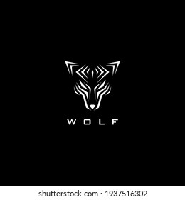 Illustration of wolf head in striped style for logo or tattoo. Premium vector.