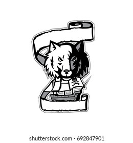 Illustration of a Wolf Head viewed from front with Pirate Ship below and framed by a Scroll done in Retro style.