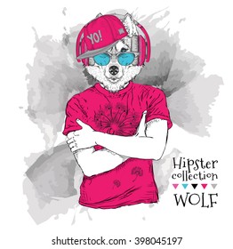 Illustration of wolf hipster dressed up in t-shirt, pants and  in the glasses and headphones. Vector illustration.