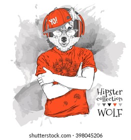 Illustration of wolf hipster dressed up in t-shirt, pants and  in the glasses and headphones. Vector illustration.