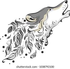 Illustration of a Wolf Howling Boho Design with Feathers Flowing