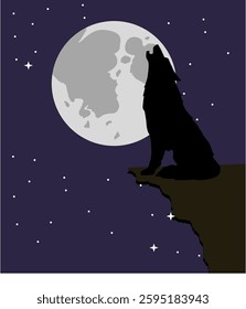 illustration of a wolf howling at night during a full moon