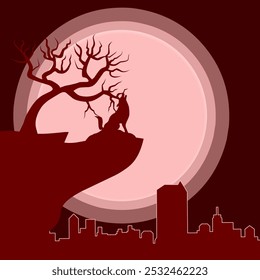 Illustration of a wolf howling on a cliff with a barren tree, silhouetted against a full moon and urban skyline, embodying mystery and the wild.