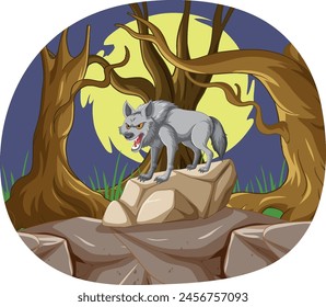 Illustration of a wolf howling on a rocky outcrop.