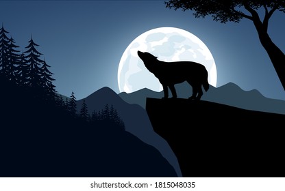 Illustration of a wolf howling on top of cliff