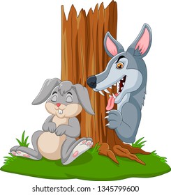 Illustration of wolf hunt a rabbit sleeping under a tree