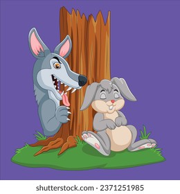 Illustration of wolf hunt a rabbit sleeping under a tree character design illustration