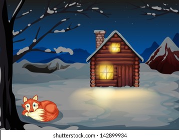 Illustration of a wolf lying under the tree outside the house