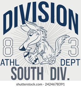 Illustration of wolf mascot with American football elements, with ball and text " Division Athletic Department, south div. " with bright colors and texts on different backgrounds combining shields and