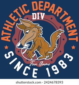 Illustration of wolf mascot with American football elements, with ball and text " Athletic Department Since 1983 " with bright colors and texts on different backgrounds combining shields and letters o