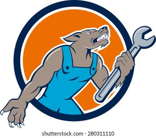 Illustration of a wolf mechanic holding spanner looking up viewed from side set inside circle on isolated background done in cartoon style. 