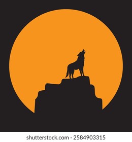 Illustration of a wolf on a hill, silhouette of a wolf 