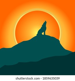 illustration of a wolf on a mountain at midnight