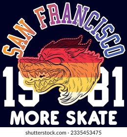 Illustration wolf patch embroidered with text San Francisco More Skate Since 1981 Cool Colors Surf style.