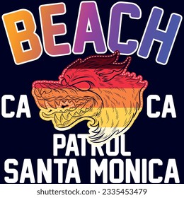 Illustration wolf patch embroidered with text Santa Monica Beach California Cool Colors Surf style.