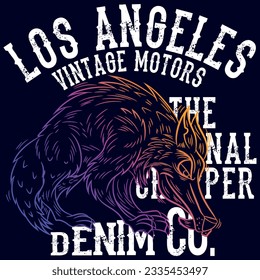 Illustration wolf patch embroidered with text Los Angeles Vintage Motors Denim Co. National Motorcycle Cool Colors Surf style.