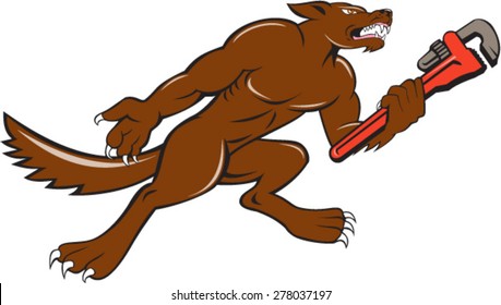 Illustration of a wolf plumber holding monkey wrench viewed from side set on isolated white background done in cartoon style. 