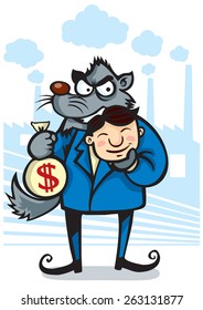 Illustration of a wolf (profiteer) wearing human mask 