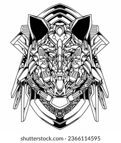 illustration of a wolf robot head in black and white and a mecha frame