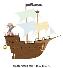 Illustration with a wolf sailor on a sailing ship in Scandinavian style on a white background. 