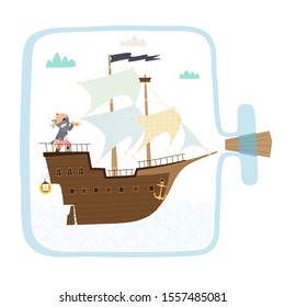 Illustration with a wolf sailor on a sailing ship in a bottle. Vector illustration in a Scandinavian style on a white background. 
