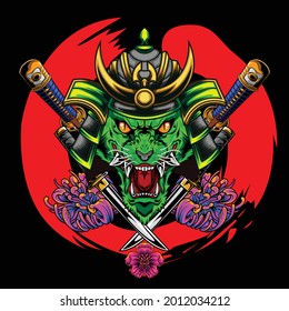 illustration of wolf samurai with japanese flower available for your custom project