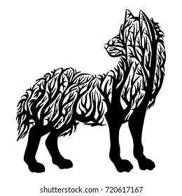 Illustration with wolf silhouette double exposure blend tree. Tattoo design.