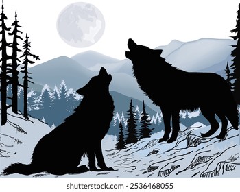 illustration with wolf silhouettes collection in blue snow