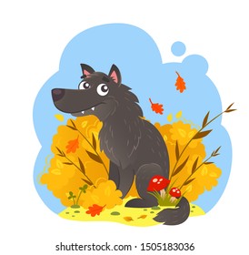 Illustration of a wolf sitting on the stump in the bushes and wild herbs. Piccture of a wild animal in its own habitat. Children illustration of autumn season.